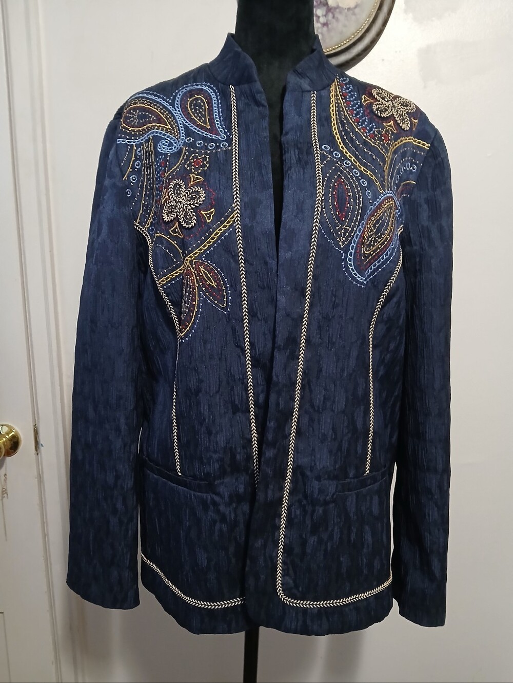 Alfred Dunner Women's Beaded Embroidered Paisley Navy Blue Jacket Size 16